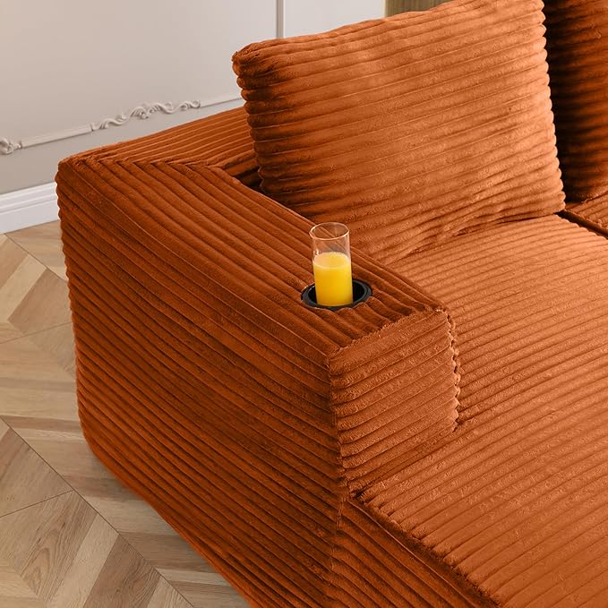 132” Oversized Modular Sectional Sofa Modern Comfy Corduroy U Shaped Couch with Cup Holders Boneless Compressed Memory Foam Cloud Couch for Living Room Office No Assembly Requiredm Orange