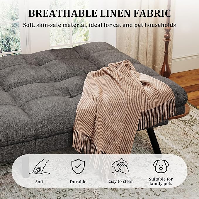 Hcore Convertible Futon Sofa BedModern Linen Futon Couch with Detachable CushionAdjustable Backrest &amp Armrest Small Splitback Loveseat Sofa Sleeper for Living RoomOfficeApartmentDark Grey