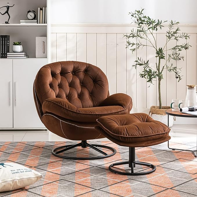 Velvet Accent Chair with Ottoman Comfy Armchair with Footrest Modern TV Chair Living Room Chair for Living Room Bedroom Home Office Metal Base Frame (360 Degree Swiveling Brown)