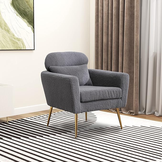 29.5 W Modern Boucle Accent Chair Armchair Upholstered Reading Chair Single Sofa Leisure Club Chair with Gold Metal Leg and Throw Pillow for Living Room Bedroom Dorm Room Office Gray Boucle