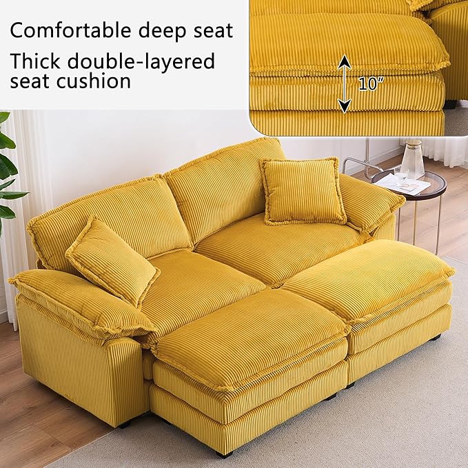 84.6” Corduroy Loveseat with Ottoman Oversized Double Chaise Lounge Chair Indoor Deep Seat Two Seater Couch Cloud Couch Modular Sectional Sofa for Living Room(Corduroy Yellow)