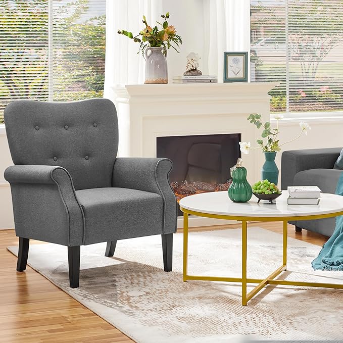 Yaheetech Modern Armchair Mid Century Accent Chair with Sturdy Wood Legs and High Back for Small Space Upholstered Fabric Sofa Club Chair for Living Room/Bedroom/Office Dark Gray