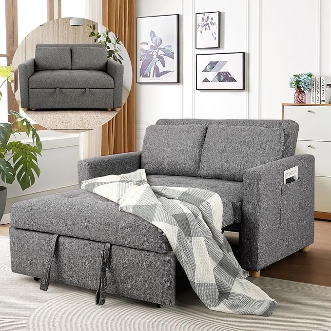 SEJOV Sleeper Sofa Bed 3-in-1 Convertible Sofa Chair Linen Fabric Pull Out Couch Bed Loveseat Sleeper with Spring Support Adjustable Backrest 2 Seater Recliner Chair for Small Space Dark Grey