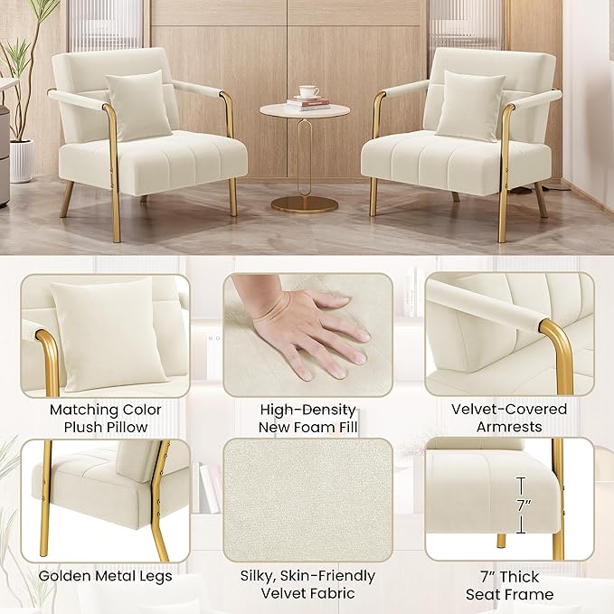 Yaheetech 30 W Accent Chair Velvet Oversized Armchair Living Room Chair with Golden Frame &amp Cozy Pillow for Living Room Bedroom Office Beige