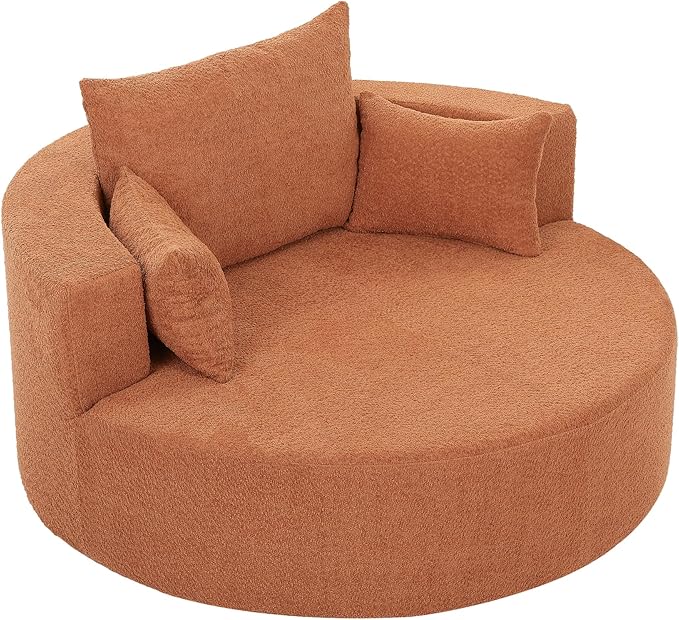 360° Oversized Swivel Barrel Chair Oversized Chenille Upholstered Reading Lounger Accent Round Sofa Chair with 5 Throw Pillows and Thicked Cushions for Living Room Bedroom (Orange Red)