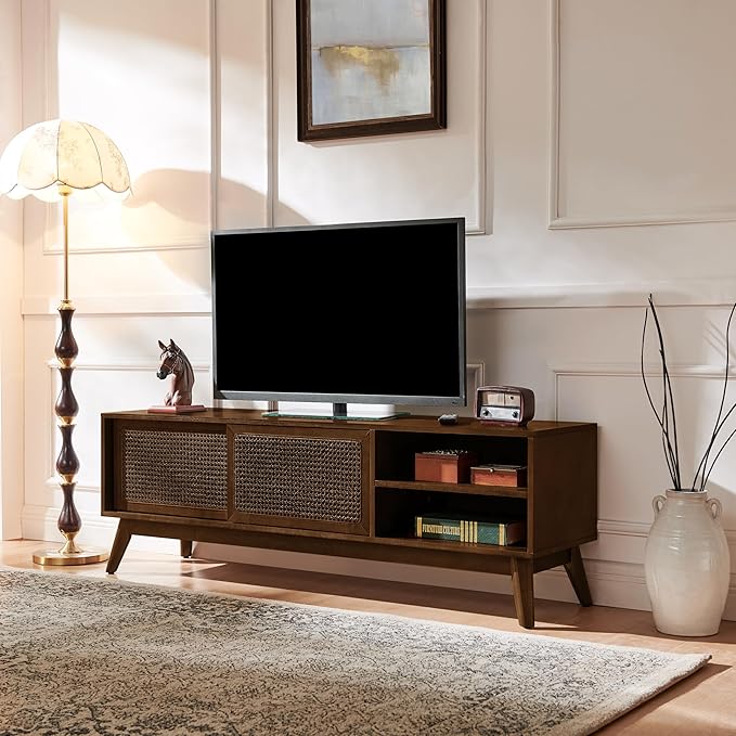 LKTART Boho Mid Century TV Stand59 Rattan Entertainment CenterMedia Console with Solid Wood LegsAdjustable Feet &amp Divided StorageTV Cabinet for 65 Inch TVDark Walnut