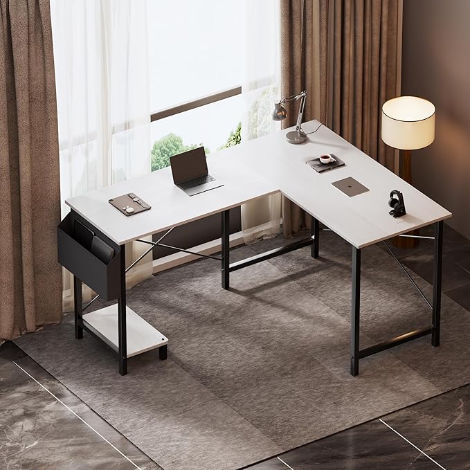 YSSOA 50 L Shaped Gaming Desk with Reversible Corner - Home Office Computer Desk with Wood Top Metal Frame CPU Stand &amp Storage Bag for Small Space Gaming Room White