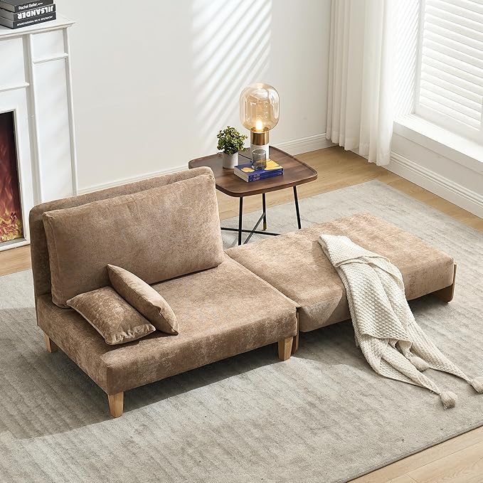 Large 3 in 1 Convertible Futon Sofa Bed Chair 35 W Extra Wide Sleeper Chair Bed with Pull Out Couch Modern Chenille Chaise Lounge Armchair for Living Room Bedroom Playroom Light Brown