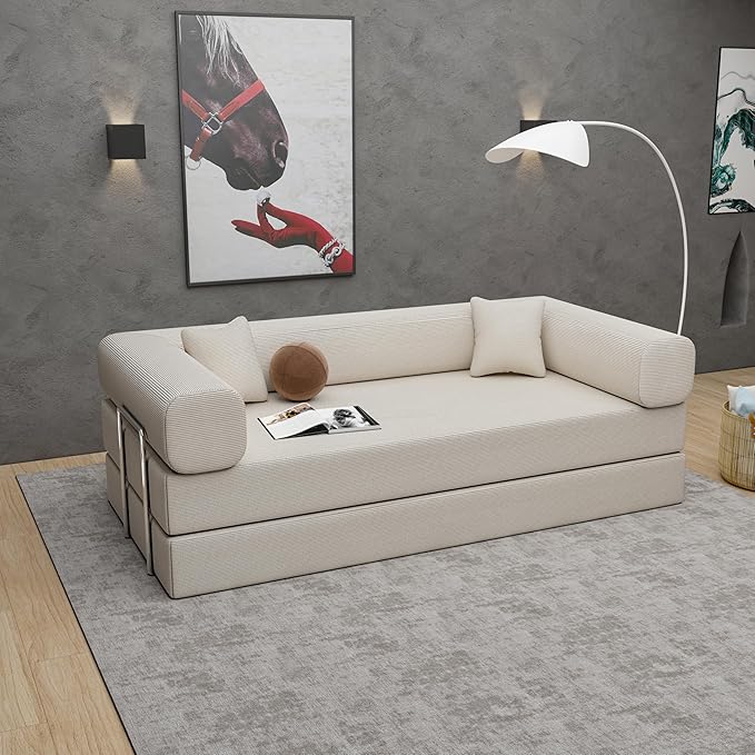 Convertible Sleeper Sofa Bed with Upgraded All High-density 35D Foam No Assembly Foldable Sleeper Couch Folding Floor Boneless Mattress Couch for Living Room Bedroom Apartment Lounge Office Beige