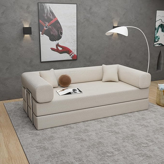Convertible Sleeper Sofa Bed with Upgraded All High-density 35D Foam No Assembly Foldable Sleeper Couch Folding Floor Boneless Mattress Couch for Living Room Bedroom Apartment Lounge Office Beige