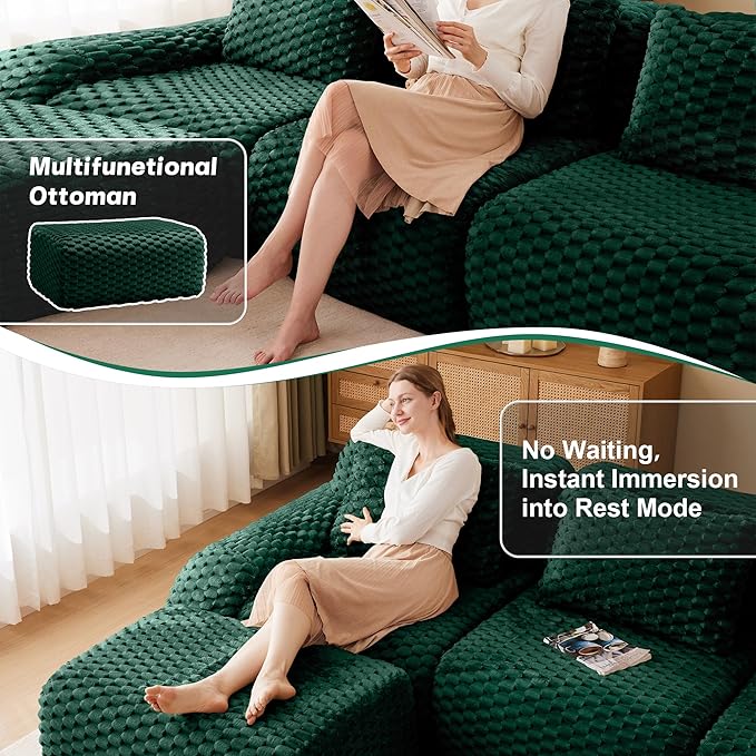 146 Boneless Couches for Living Room Oversized U-Shaped Couch with Buckle Connection Anti-Slip Design Flannelette Fabric Modular Sectional Sofa with Deep Seat (Green 4 Seat + 2 Ottoman)