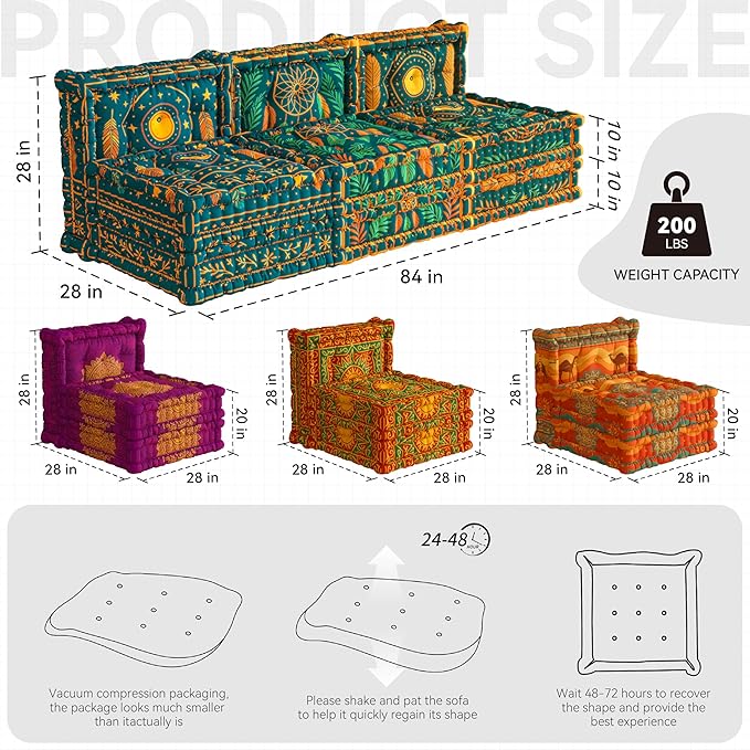 WOWMAX Floor Sofa Couch Boho – Convertible Lazy Sofa Chair Futon Sleeper with Backrest Oversized Floor Mattress for Meditation Gaming Reading &amp Bohemian Home Decor – 3 Sets Boho Sunset