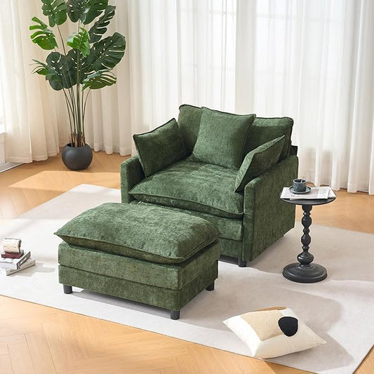 39.4 Oversized Modern Accent Chair with Ottoman Chenille Upholstered Club Chair for Living Room &amp Bedroom Reading Chair 350 lbs Weight Capacity (Green 1 Seat)