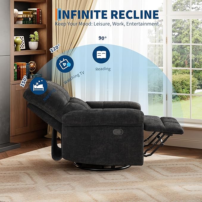 GarveeHome Recliner Chair 360° Swivel Rocker Glider Nursery Chair with Padded Armrest and Deep Seat Chenille Upholstered Reclining Sofa Chair for Living Room Bedroom and Nursery (Black)