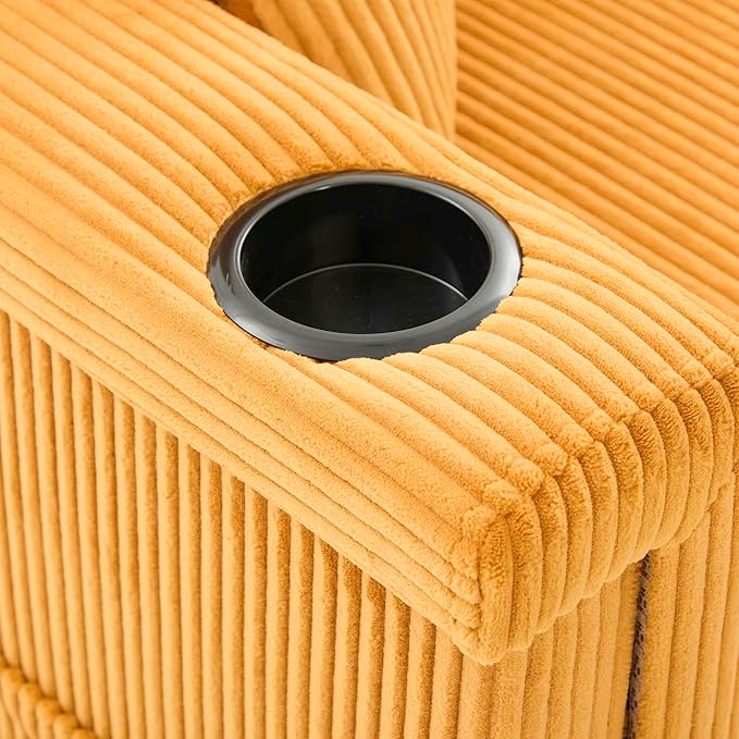 SLEERWAY 76.8 L-Shaped Sofa with Storage Ottoman USB Ports Cup Holders&ampLED Lights Side Pocket Comfy Corduroy Modern 3-Seater Small Couch Bed for Living Room with 2 Throw Pillows (Yellow)