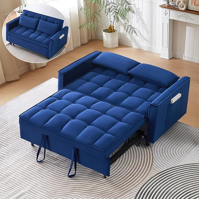 3 in 1 Convertible Sleeper Sofa Bed Modern Velvet Loveseat Pull-Out Couch Futon Love Seat Lounge Sofa with Pull-Out Bed &amp Adjustable Backrest and Side Pocket for Small Apartment Bedroom | Conve