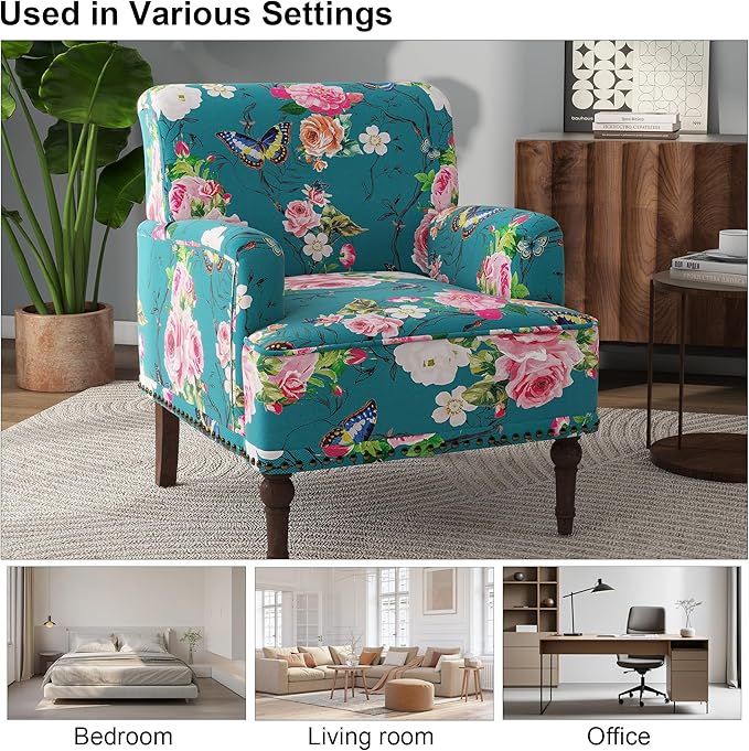 Accent Chair Mid Century Modern Comfy Armchair for Living Room Linen Fabric Single Sofa Lounge for Reading Bedroom Apartment Waiting Room with Wood Legs (Floral Set of 2)