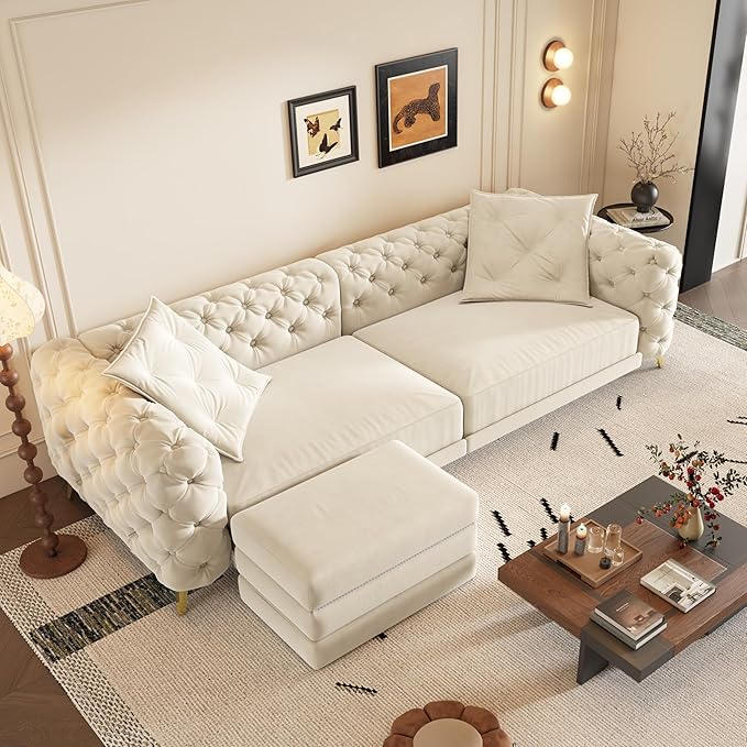 Ball &amp Cast 3-in-1 Convertible Sleeper Sofa with Movable Ottoman97.7 Velvet Pull Out Sofa Bed Modern Button Tufted 4-Seater Sofa Couch with Deep Seat for Living Room ApartmentOfficeBeige