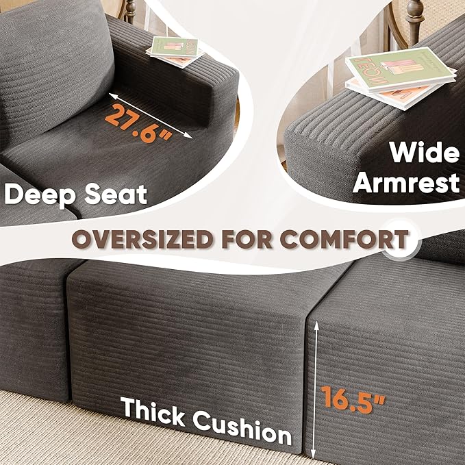 JUMMICO Boneless Couch with Deep Seat and Ottoman Modular Sectional Sofa with Body Support Corduroy Couches for Living Room Apartments Bedroom No Assembly Required (Black Four Seater)