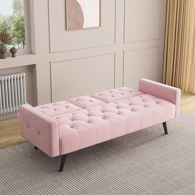 Modern Velvet 2 in 1 Futon Sofa BedConvertible Folding Sleeper Bed Couches with 2 Pillows73 Tufted Recliner Love Seat with Golden Chrome Legs for Living Room Apartment Office (Pink)