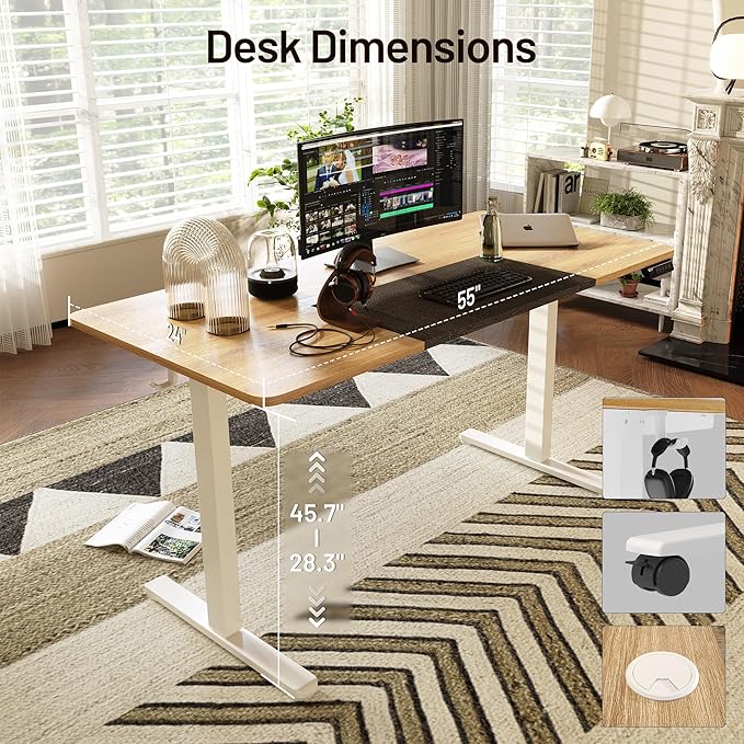 Monomi Electric Standing Desk 55'' Height Adjustable Ergonomic Home Office Sit Stand Up Desk with Wheels 3 Memory Preset Computer Table Natural