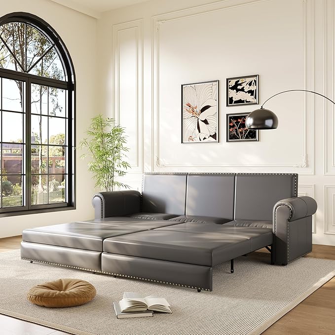 93.7 King Pull Out Sofa Bed Faux Leather Convertible Sleeper Couch with Nailhead Trim Oversized Mid Century Modern Chesterfield Sofa Sectional Couch for Living Room Grey