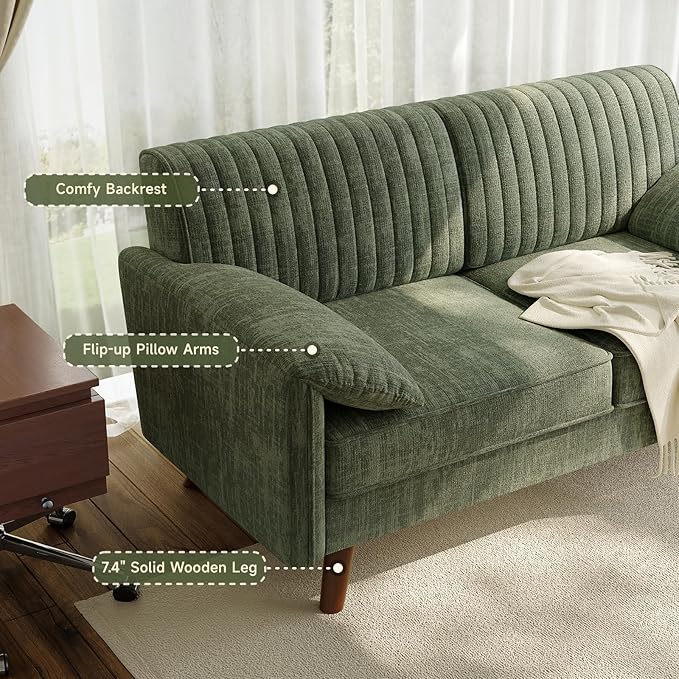 ONBRILL 64.5 Loveseat Sofa Chenille Loveseat Couch for Living Room 23.2 Deep Seat Love Seat with Padded Arms Comfy Modern Small Couches for Bedroom Small Spaces Dorms Office Green