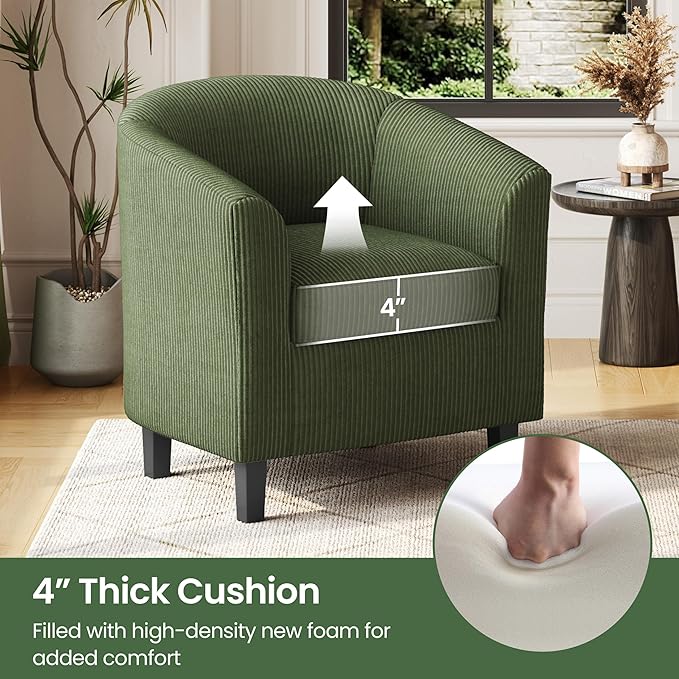 Yaheetech Corduroy Barrel Chair Upholstered Club Accent Chair Round Armchair with Soft Cushion for Living Room Bedroom Reading Room Dark Green