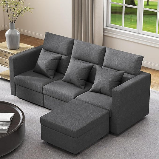L Shaped Sectional Couch: Grey Modular Sectional Sofa with Ottoman Modern Linen Seater Couch Comfy Cloud Couches for Living Room and Apartment (82-3 Seat &amp Ottoman)
