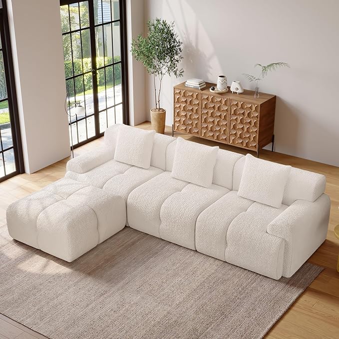 104 Modern L Shaped Modular Sectional Sofa 4 Seater Convertible Chenille Cloud Couch Sofa Set Boneless Couches for Living Room with Ottoman No Assembly Required White