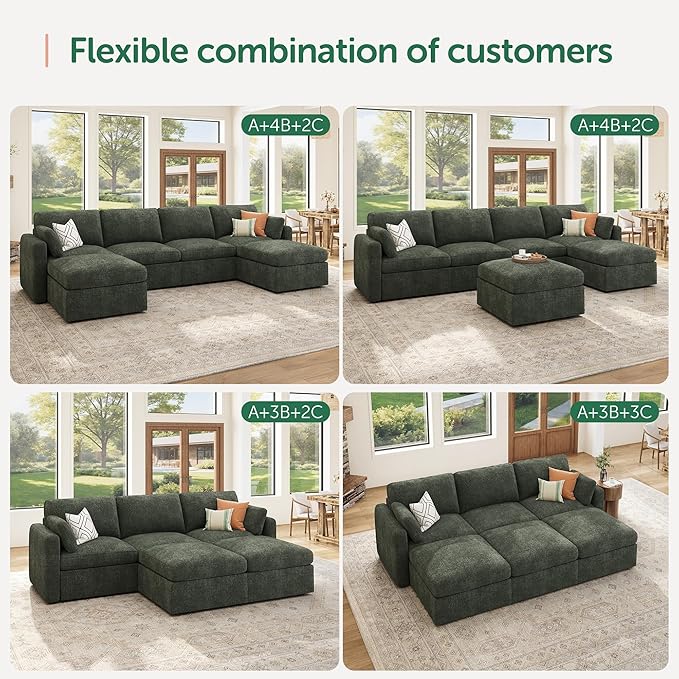 HONBAY Modular Sectional Couch with Storage Seats L Shaped Sectional Sofa with Storage Chenille Sectional Couches for Living Room Green