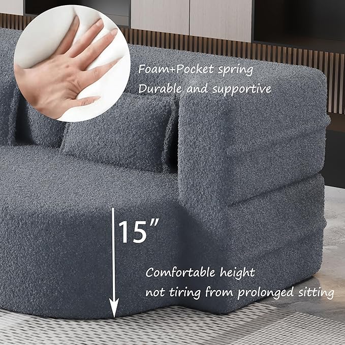 2-in-1 Folding Convertible Sofa Bed78 Inch Convertible Boneless Couch with Pilow Foldable Matress Teddy Loveseat Sleeper Pull Out Bed Floor Sofa Modular Futon Couch (Teddy Light Grey)