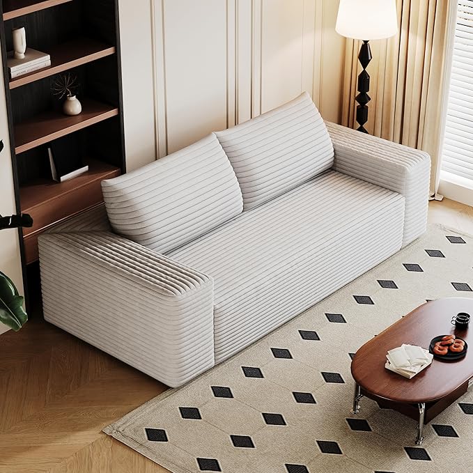 KEIKI 63 Corduroy Loveseat Sofa Comfy Deep Seat 2-Seater Couch with Adjustable Arms Modern Upholstered Love Seat with Pillows for Small Spaces White