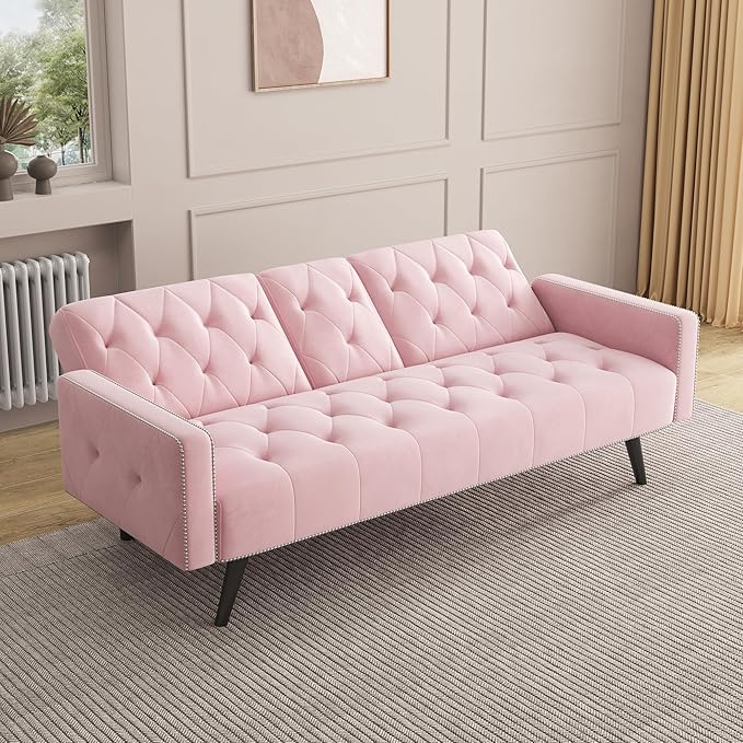 70” Velvet Futon Sofa Bed with 2 Cup Holders Convertible Sleeper Bed Modern Loveseat for Living Room Bedroom Pink