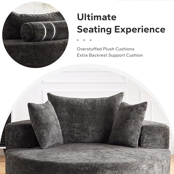 Oversized 360° Swivel Accent Chair for Living Room Modern 55’’ Comfy Chenille Extra Wide &amp Deep Seat Round Barrel Chair with Overstuffed Cushions No Assembly Needed Obsidian Black