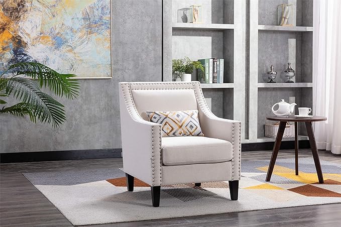 Accent Armchair Living Room Chair with Nailheads and Solid Wood Legs Beige Linen
