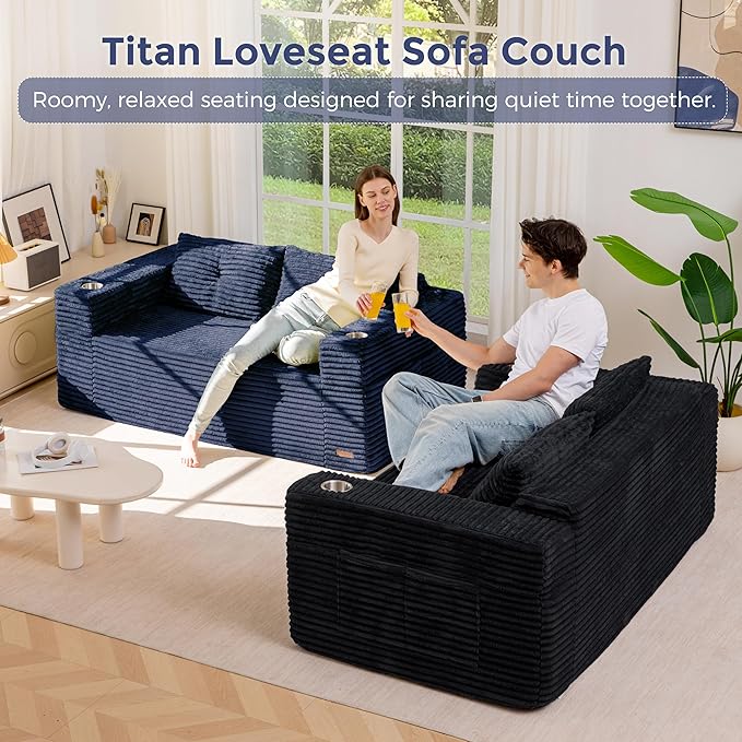 MAXYOYO 63 Boneless Loveseat Sofa Couch 2-Seater Floor Loveseat for Small Space with Cup Holders Corded Couch with Pillows Floor Sofa for Apartment &amp Lounge No Assembly Required Black