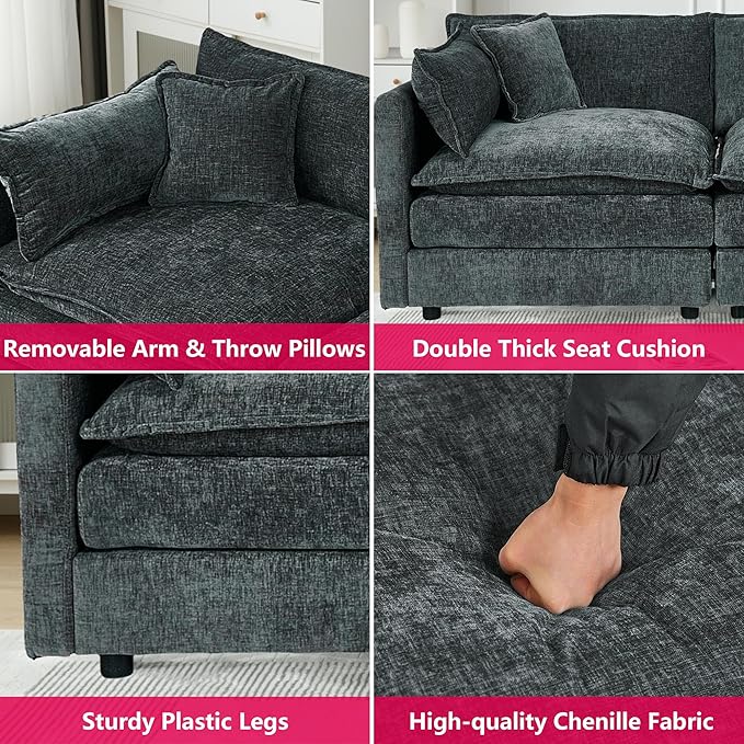 Aoowow Modular Sectional Sofa147.2 Inch Deep 4-Seater Sofas Comfy Chenille Cloud Sofas and Couches with Pillows for Living Room Apartment（Grey）