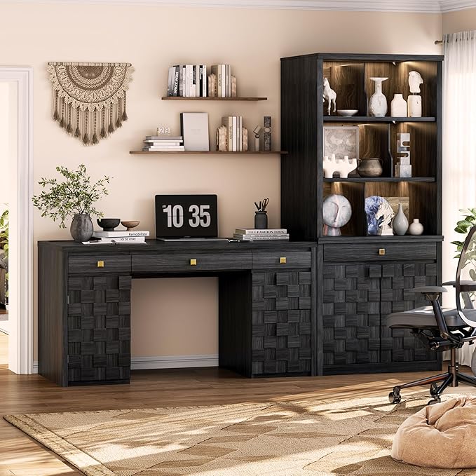 58 Executive Desk with Drawers Home Office Desk with Charging Station &amp Keyboard Tray Wood Office Desk with File Drawer &amp Storage Cabinet Modern Computer Writing Desk with Adjustable Shelf