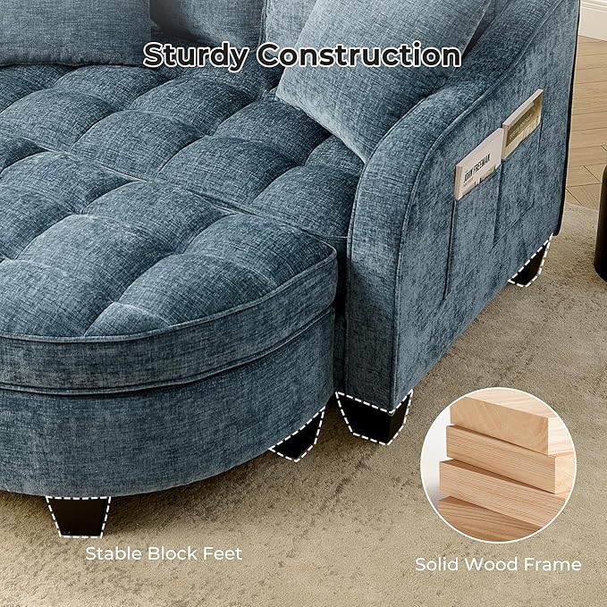DEINPPA Oversized Accent Sofa Chair with Storage Ottoman Chenille Upholstered Comfy Chair with Throw Pillows for Living Room Reading Room Bedroom-Blue