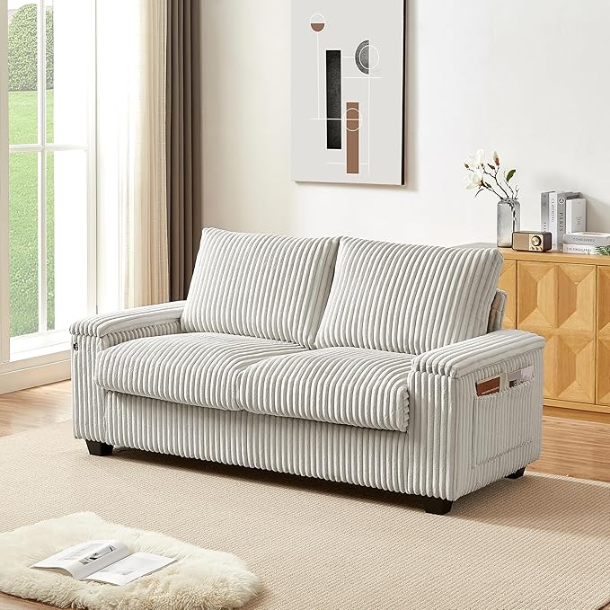 Sheng &amp Far Corduroy Loveseat Sofa Set with Storage Armrests and USB Charging Port 71 Wide Begie