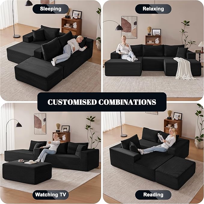 110” Cloud Sectional Couch Modular Sectional Sofa with Deep Seat Boneless Sofa for Living Room Fluffy Comfy U-Shaped Couch with Left Facing Chaise No Assembly Required Black