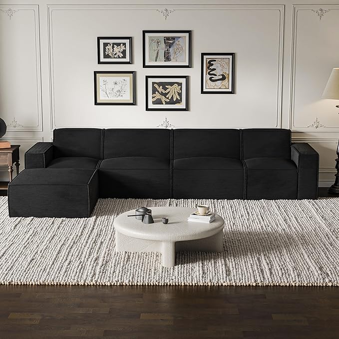 Cozy Castle 142 Modular Sectional Sofa L Shaped Corduroy Boneless Couch with Deep Seat and Ottoman Chaise Cloud Sofa Upholstered Couches for Living Room Bedroom No Assembly Required (Black)