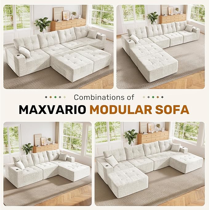 143 Modular Sectional Sofa for Living Room Convertible U-Shape Couch with Ottoman 6 Seater Modular Sectional SofaBeige Corduroy