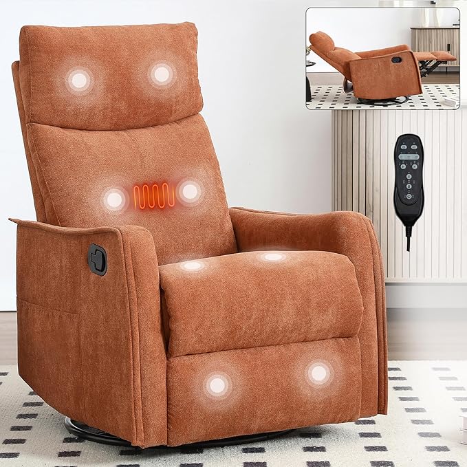 Heated Massage Recliner Chairs for Adults Swivel Rocking Chair Recliner with High Back Small Recliner Chair for Small Spaces Manual Lazy Boy Recliners for Living Room Pockets Fabric (Orange)