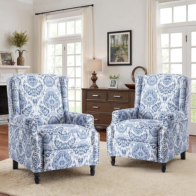 Recliner Chair Upholstered Wingback Floral Pushback Armchair with Adjustable Backrest &amp Footrest Comfy Accent Chair Reading Single Sofa for Small Spaces Living Room Bedroom (Navy Blue Set of