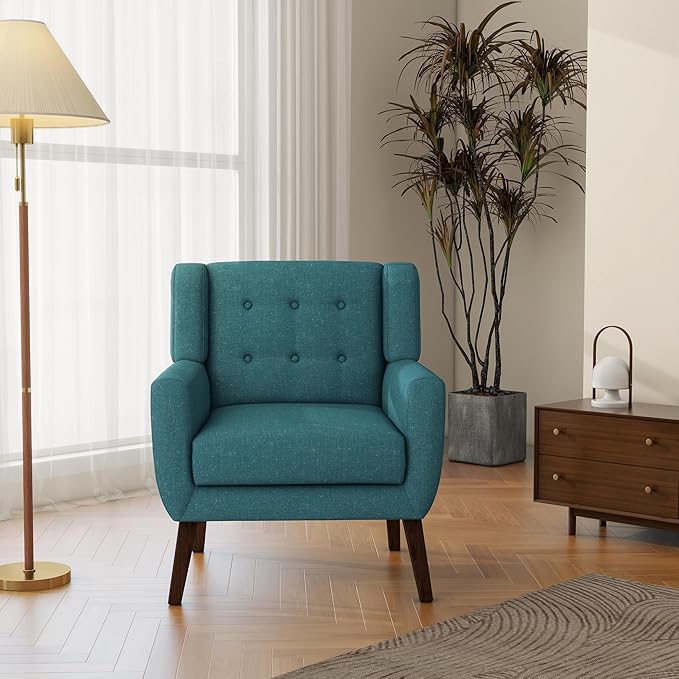 Accent Chair Mid-Century Modern Fabric Chairs with Arms for Living Room Comfy Upholstered Club Single Sofa Armchair for Bedroom Waiting Room with Solid Wood Frame (Fabric Turquoise Set of 2)