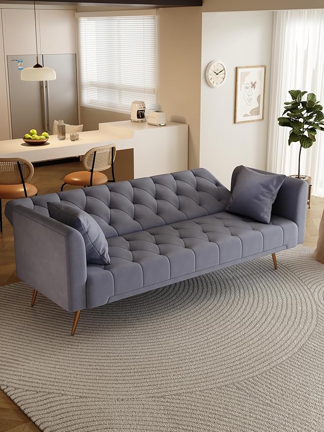 71 Convertible Velvet Futon Sofa Bed Loveseat with Multiple Adjustable BackrestsModern Sleeper Couch with Golden Metal Legs for Living RoomApartmentOfficeGray