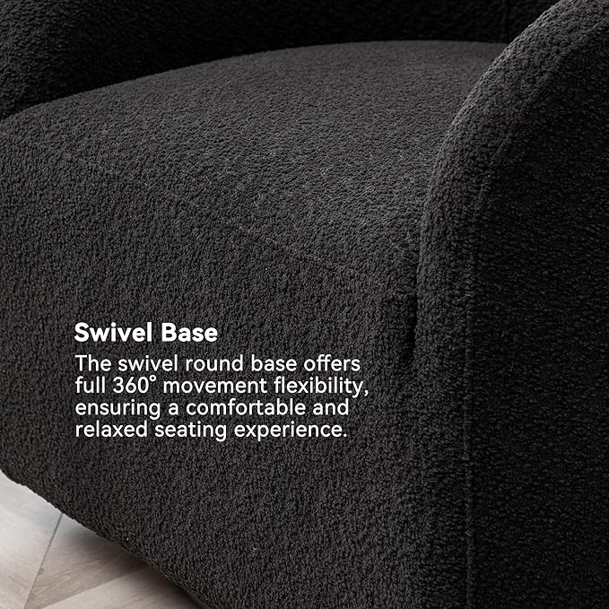 KINWELL 32 Wide Modern Boucle Swivel Barrel Chair No Assembly Round Upholstered Swivel Accent Armchair for Living Room Bedroom Office (Black)