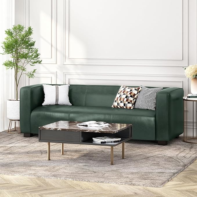 80.25 PU Leather Upholstered Couch Modern 3 Seater Sofa with Tufted Back and Square Arms Nailhead Sofa for Living Room Office Apartment Small Space Green